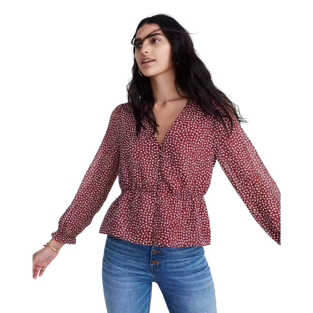 Madewell Overture Top in Ditsy Maroon Flowers Womens Sz M Fun Fall Staples Chic